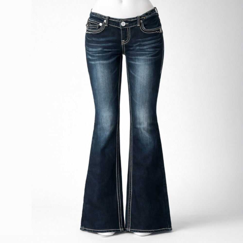 Ariya Y2K Low Rise Rhinestone Flare Jeans Juniors 9 Stretch Denim